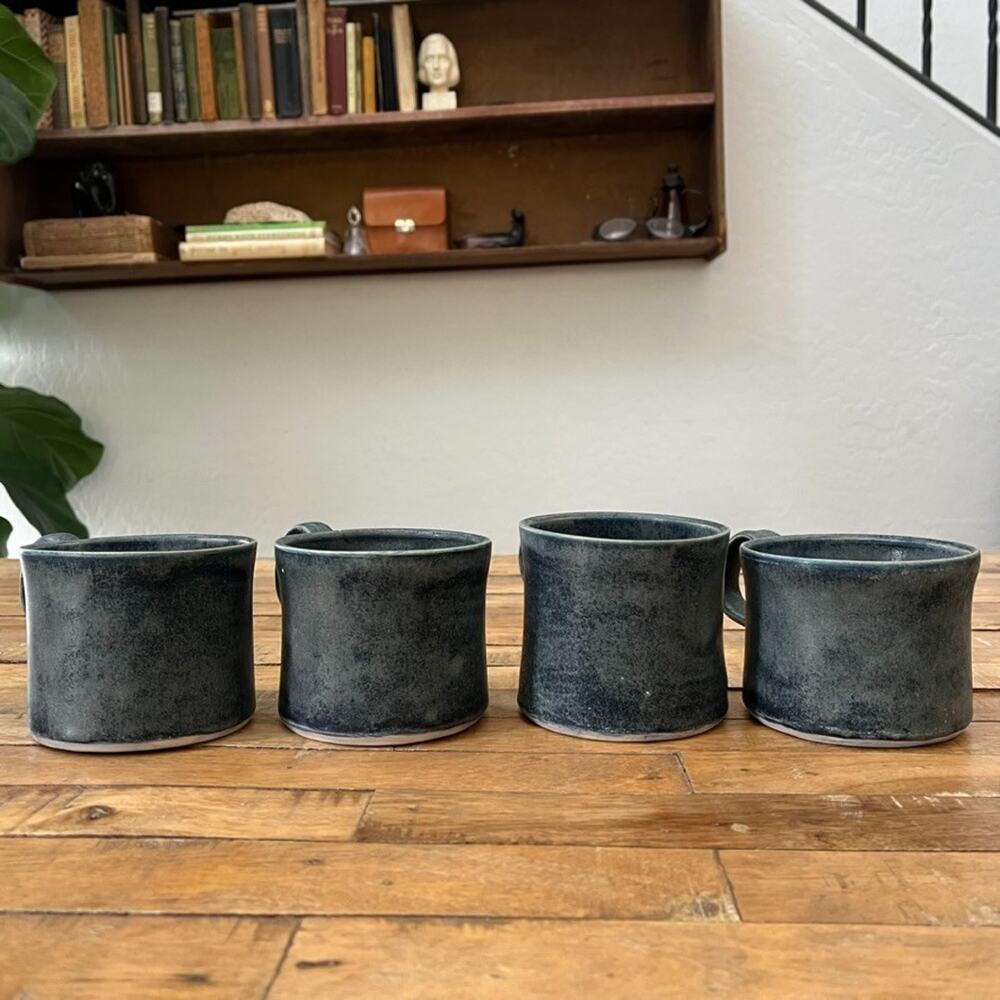 Studio Art Ceramic Mug Set of 4 Handmade Green Gray Speckled Reactive Glazed